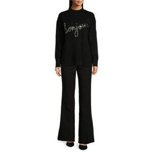 NWT Karl Lagerfeld Black Sequin "Bonjour" Sweater For Women Size M